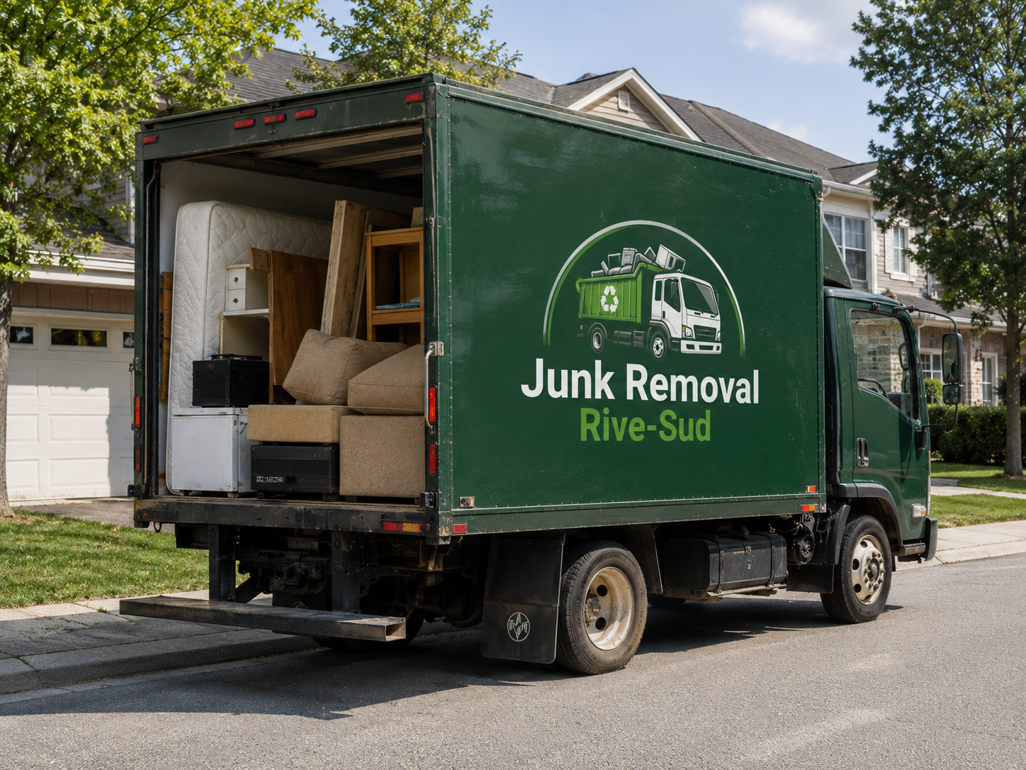 Junk Removal Rive-Sud truck loaded with furniture and appliances
