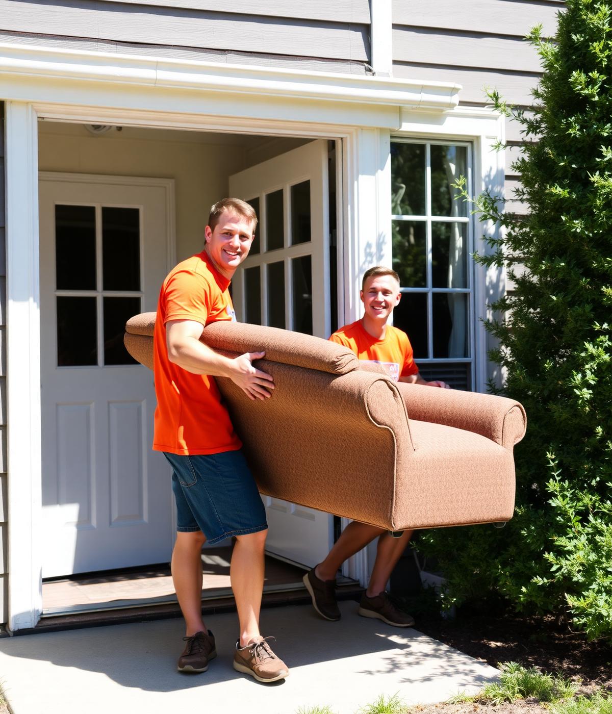 Local crew carrying an old couch out of a Rive-Sud home